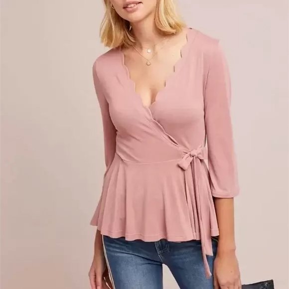 ANTHROPOLOGIE | ERI  + ALI SCALLOP RUSTY PINK WRAP TOP - Picture 1 of 14